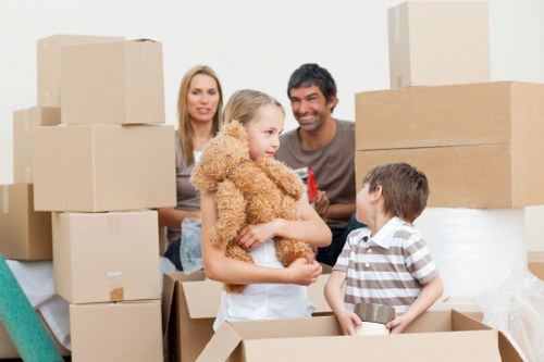 Professional movers carrying household items down stairs